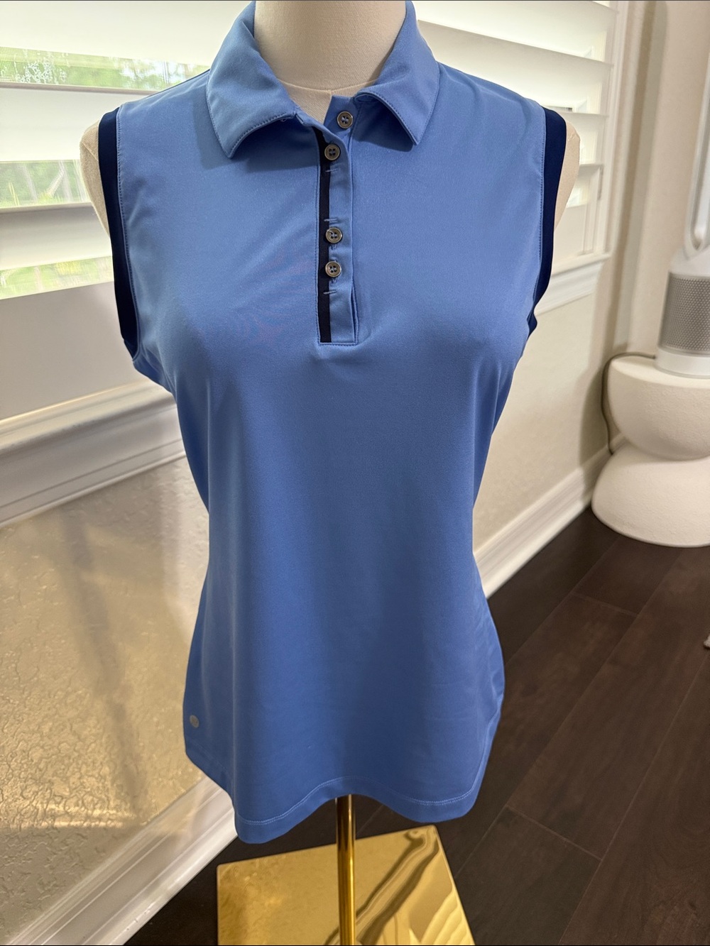 EP Pro Sleeveless Polo Tank Top in Light Blue with Navy Trim